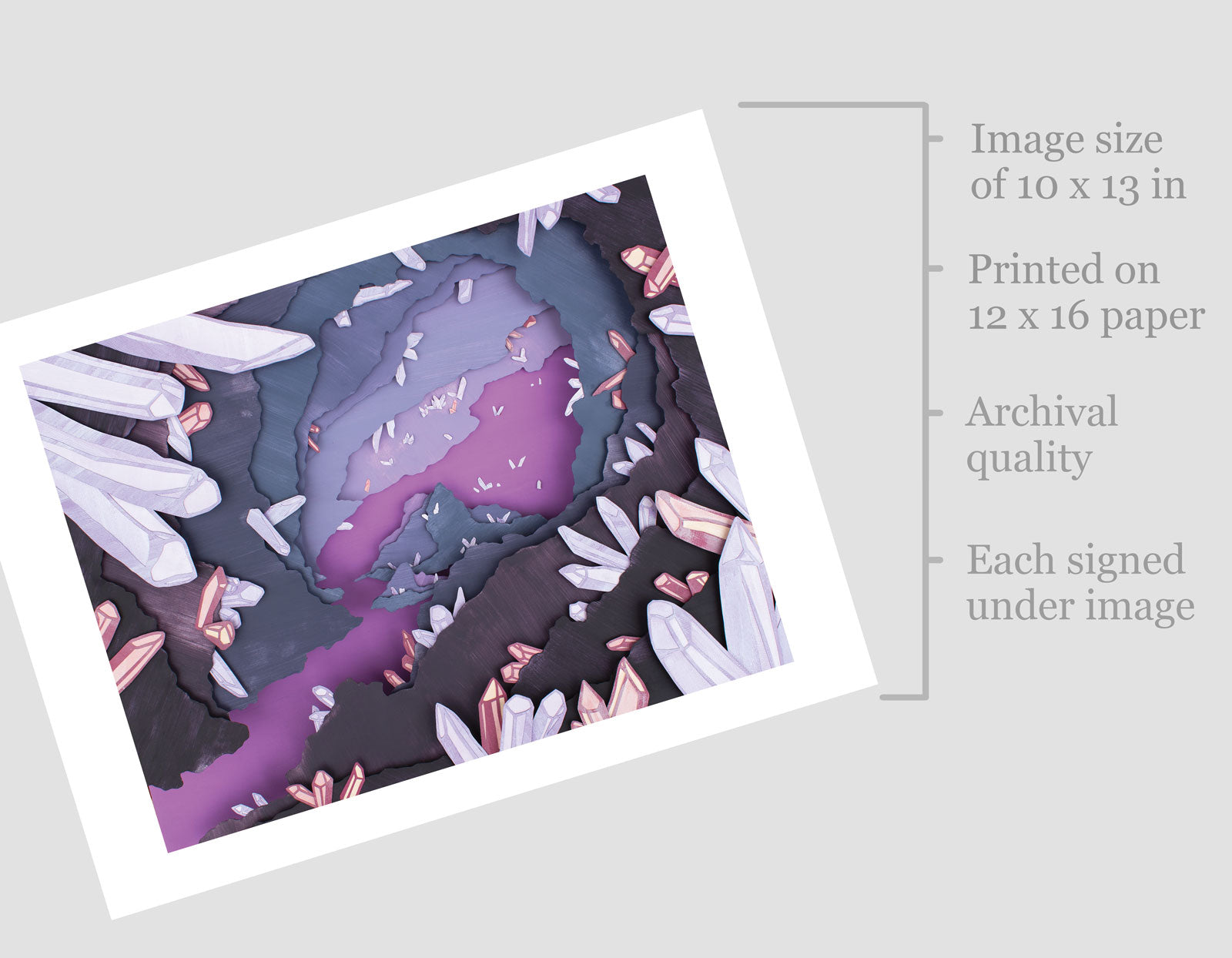 Archival print of cut paper illustration of a magical purple cave with crystals.