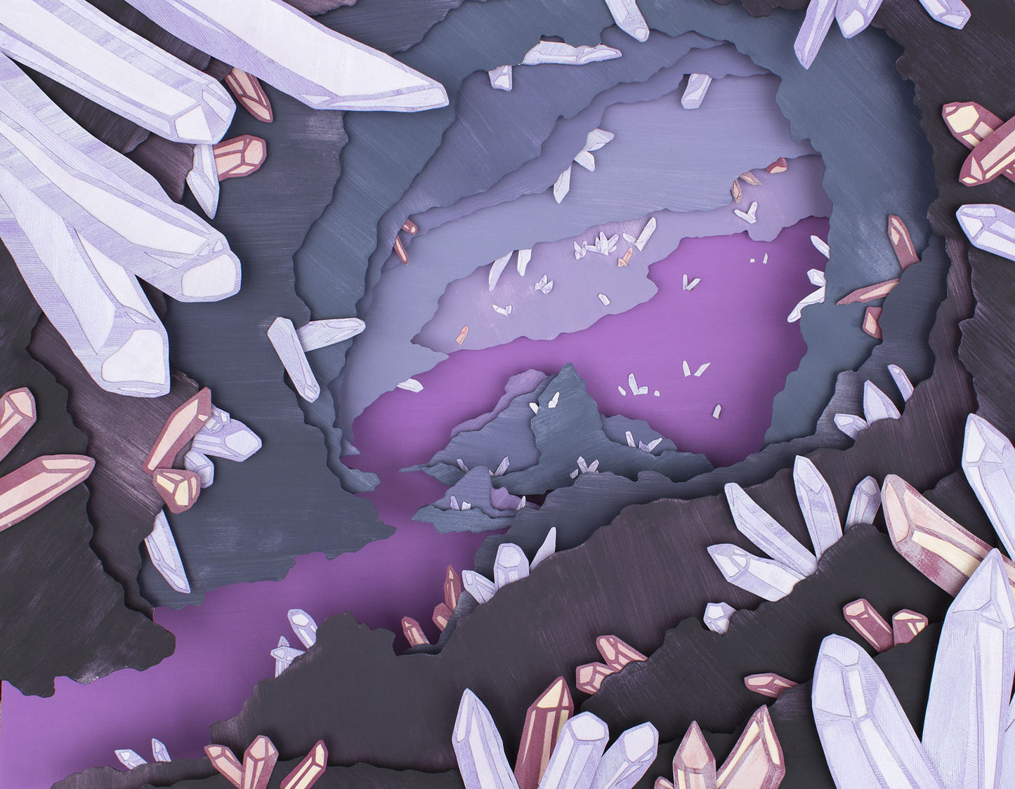 Archival print of cut paper illustration of a magical purple cave with crystals.