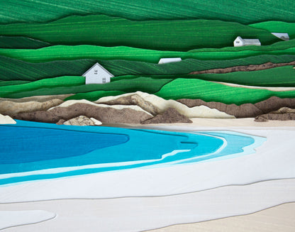 Archival print of cut paper illustration of Gurteen Beach at Dog's Bay, Ireland, showing details of cottages and shoreline