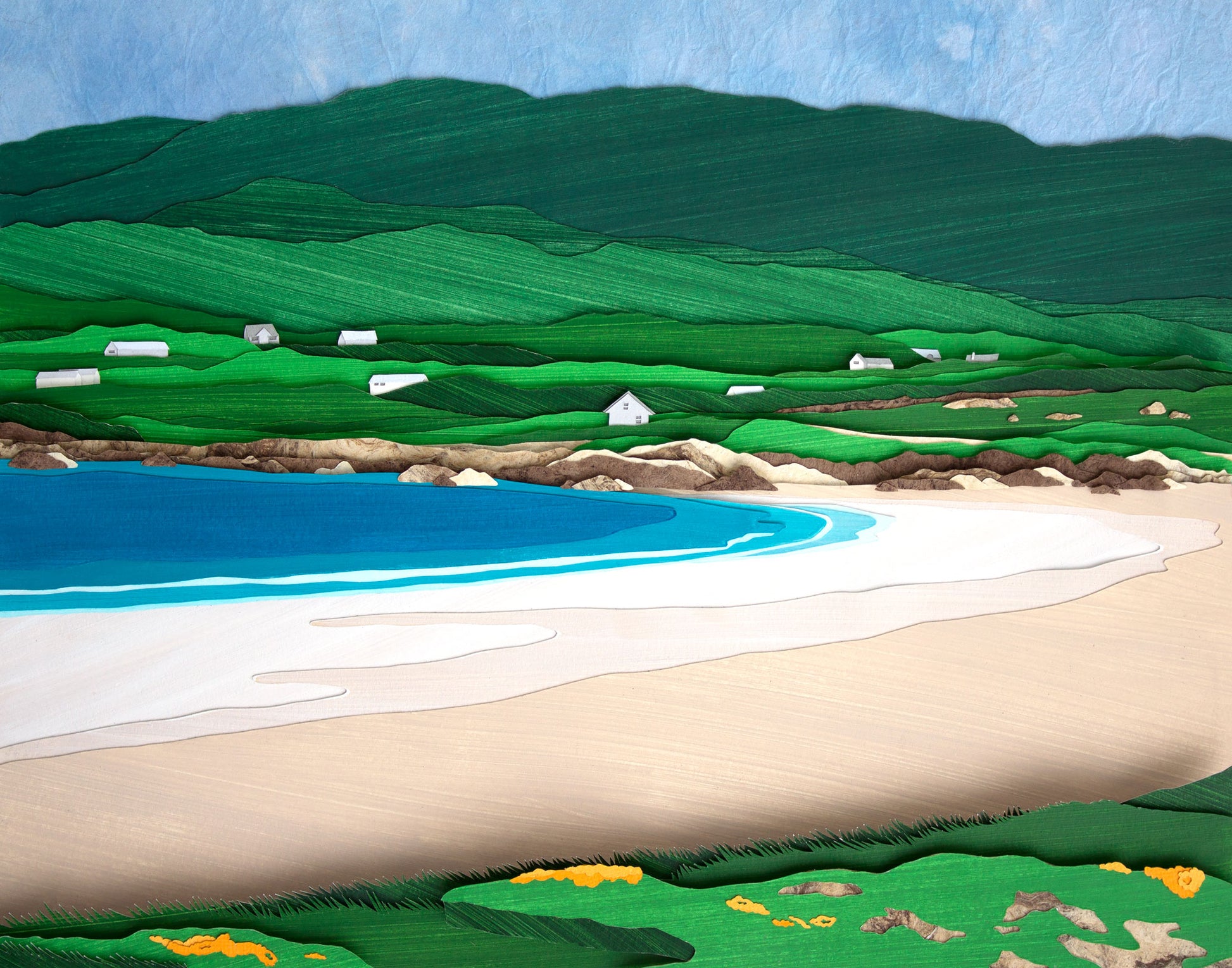 Archival print of cut paper illustration of Gurteen Beach at Dog's Bay, Ireland.  