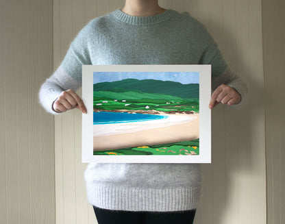 Archival print of cut paper illustration of Gurteen Beach at Dog's Bay, Ireland.  