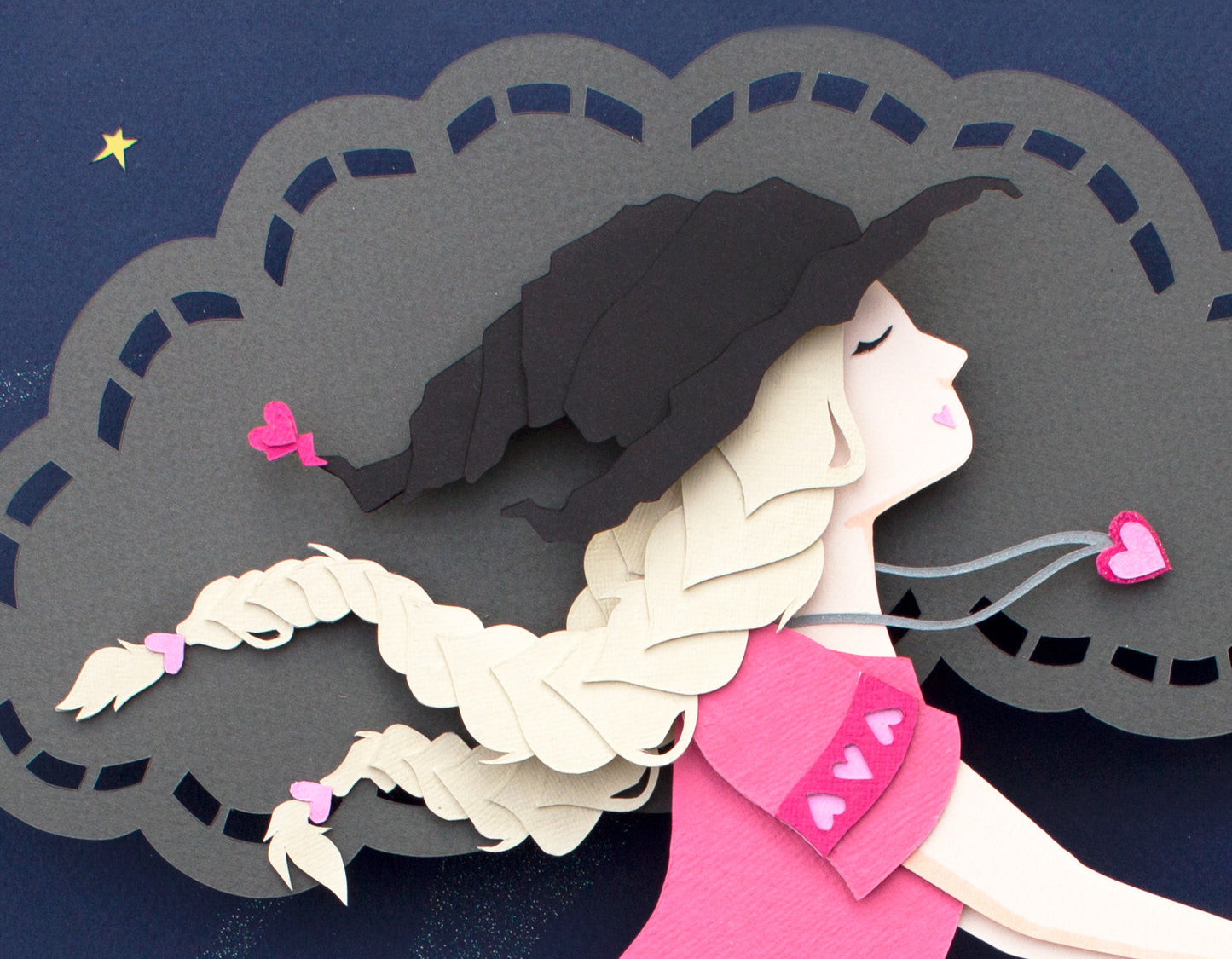 Archival print of cut paper illustration of cute witch in pink dress flying on broomstick with black cat.