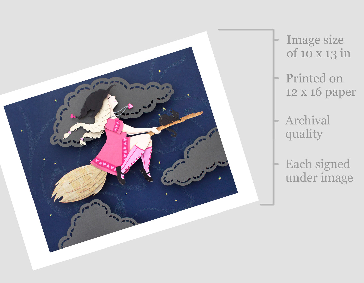 Archival print of cut paper illustration of cute witch in pink dress flying on broomstick with black cat.