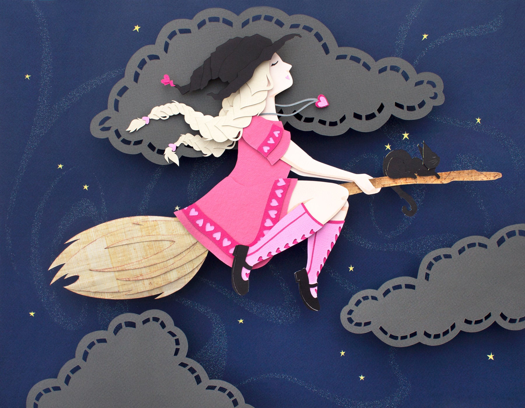 Archival print of cut paper illustration of cute witch in pink dress flying on broomstick with black cat.