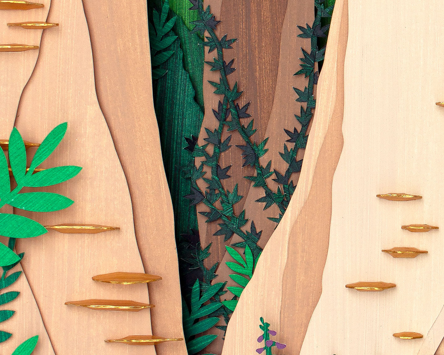 Archival print of cut paper illustration of cute whimsical forrest scene, showing details of foliage and tree trunks.