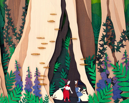 Archival print of cut paper illustration of cute whimsical forrest scene with two foragers featured at the bottom.