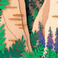 Archival print of cut paper illustration of cute whimsical forrest scene, showing details of foliage and flowers.