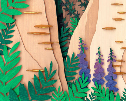 Archival print of cut paper illustration of cute whimsical forrest scene, showing details of foliage and flowers.