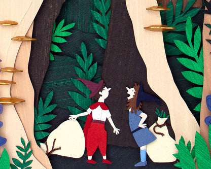 Archival print of cut paper illustration of cute whimsical forrest scene with two foragers featured at the bottom.