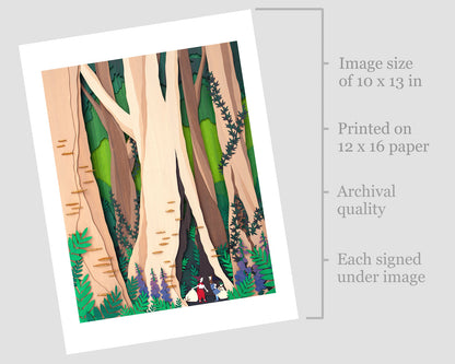 Archival print of cut paper illustration of cute whimsical forrest scene with two foragers featured at the bottom.