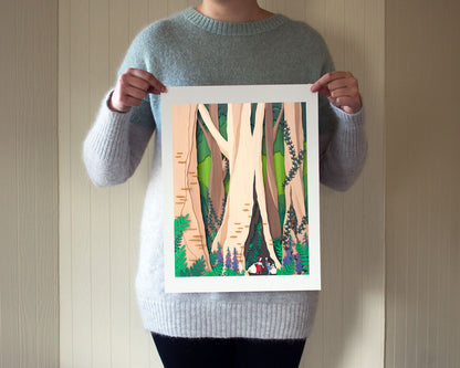 Archival print of cut paper illustration of cute whimsical forrest scene with two foragers featured at the bottom.