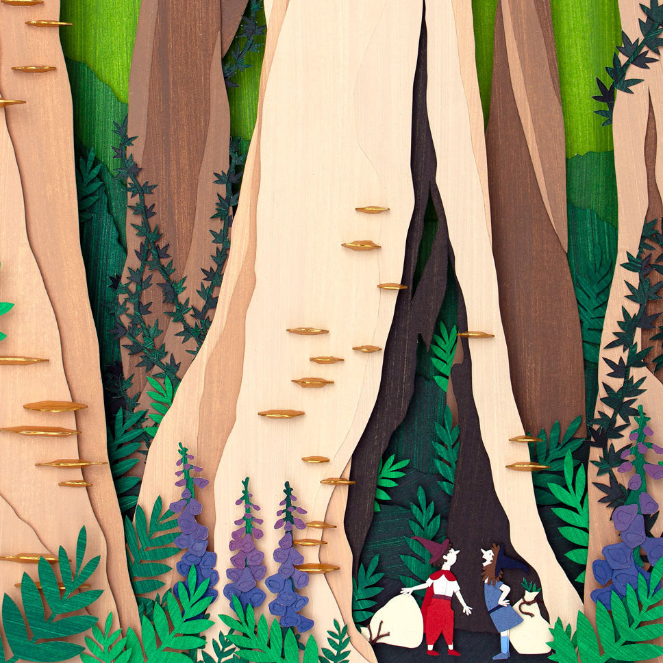 Archival print of cut paper illustration of cute whimsical forrest scene with two foragers featured at the bottom.
