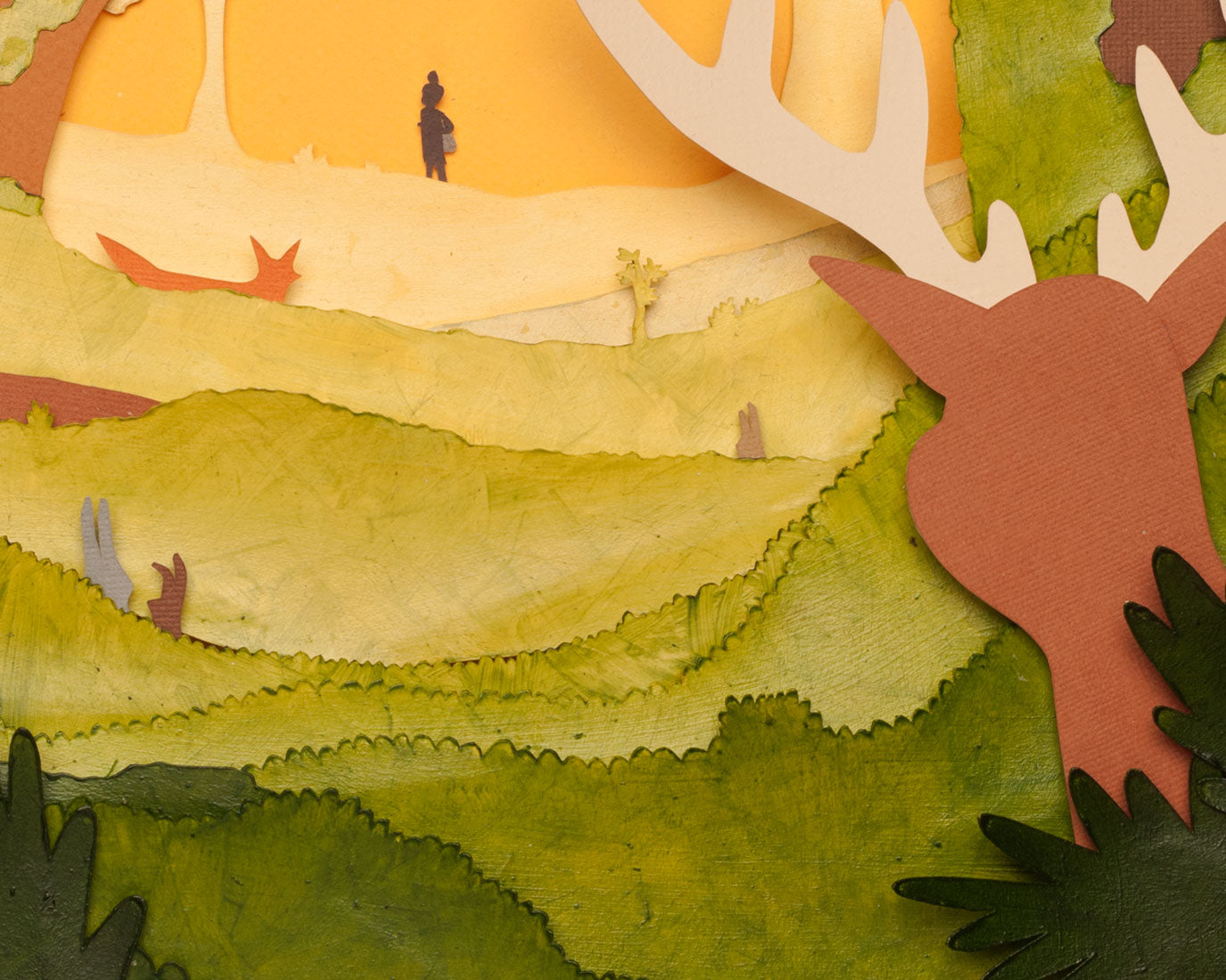 Archival print of cut paper illustration of cute whimsical forest scene with deer, fox, and bunnies.