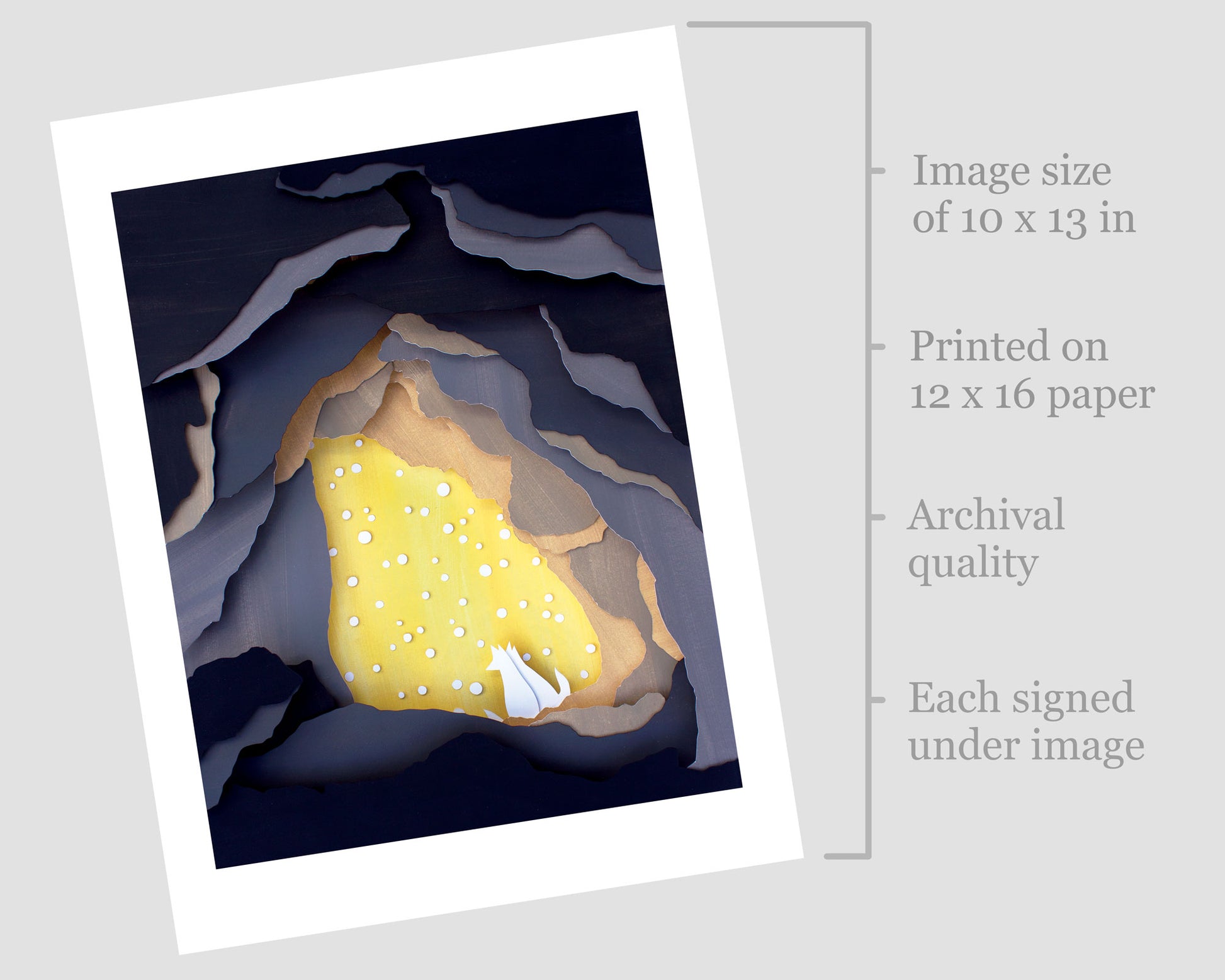 Archival print of cut paper illustration of cute scene with two foxes cuddling in a backlit snowy cave. 