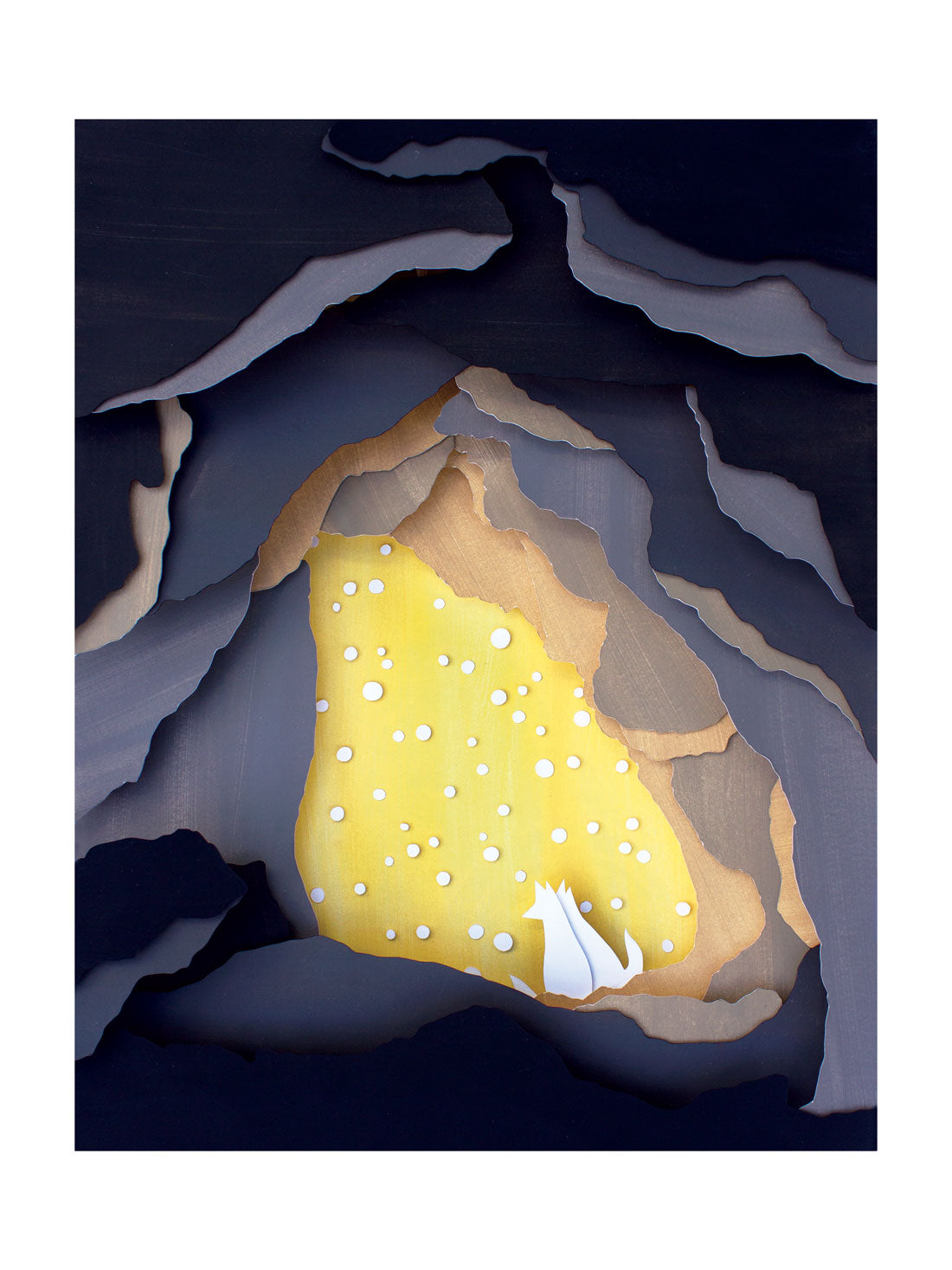 Archival print of cut paper illustration of cute scene with two foxes cuddling in a backlit snowy cave.
