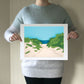 Archival print of cut paper illustration of Lambert's Cove Beach on Martha's Vineyard.