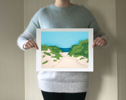 Archival print of cut paper illustration of Lambert's Cove Beach on Martha's Vineyard.