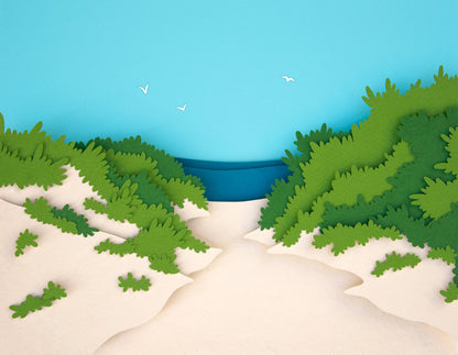 Archival print of cut paper illustration of Lambert's Cove Beach on Martha's Vineyard.