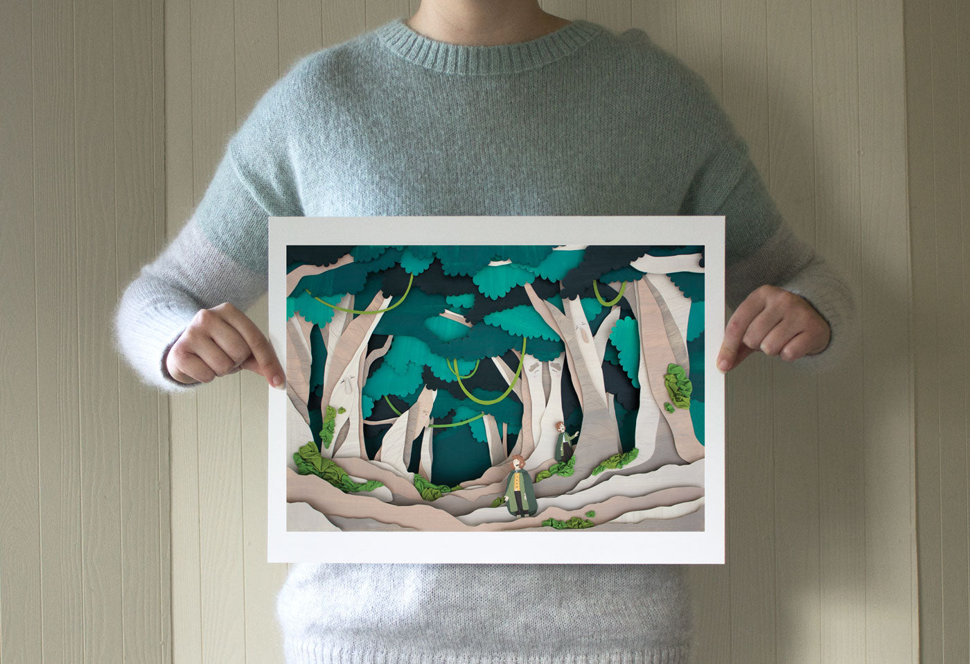 Archival print of cut paper illustration of a Lord of The Rings inspired forrest scene