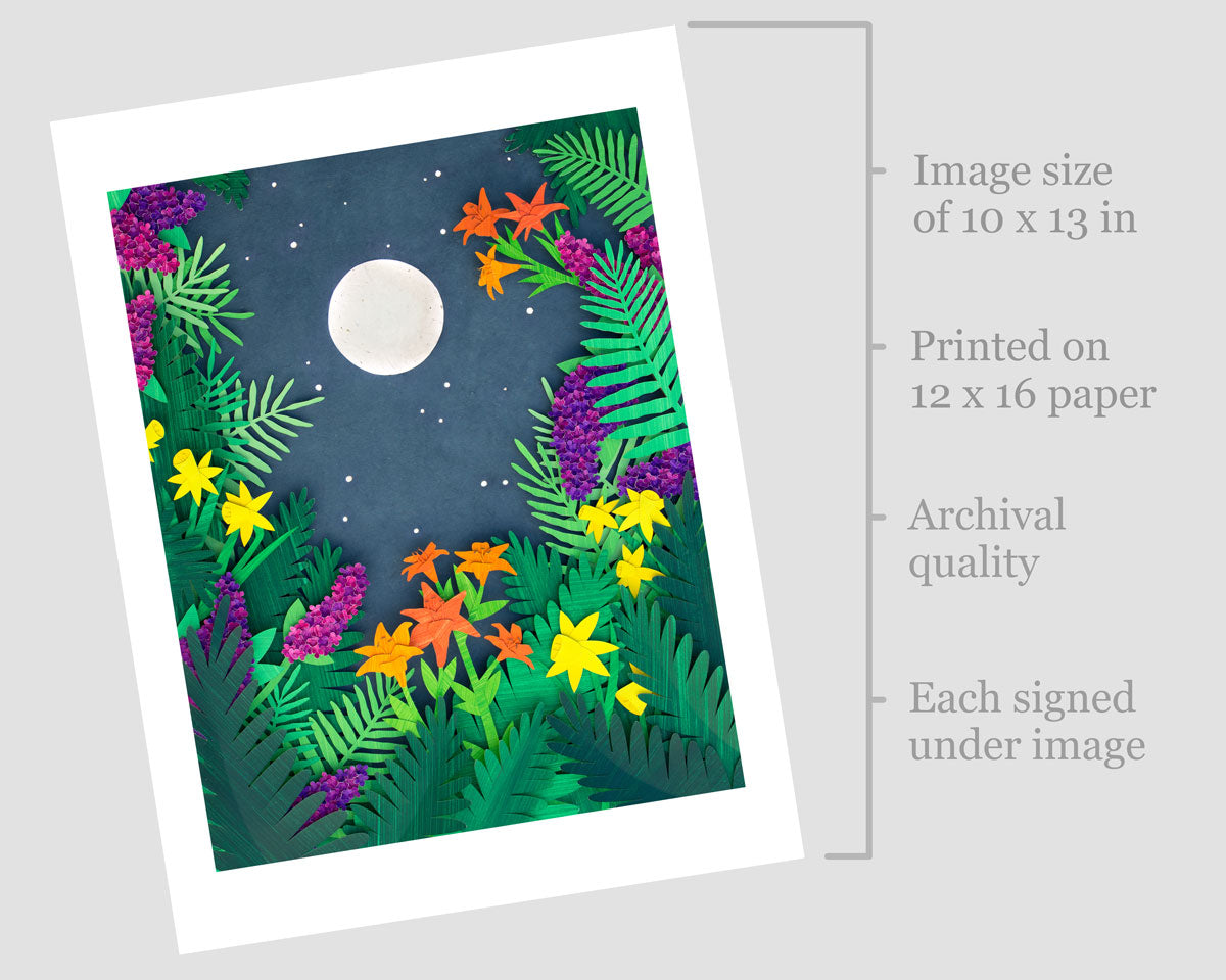 Archival print of cut paper illustration of night scene with full moon and stars rising framed by flowers and ferns with image dimensions.