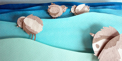 Archival print of cut paper illustration of cute piping plover birds in the ocean.