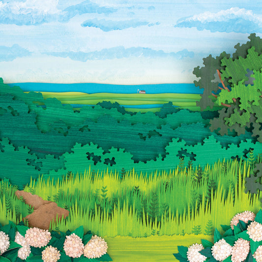 Archival print of cut paper illustration of landscape scene of South Beach on Martha's Vineyard, with pink hydrangea flowers.