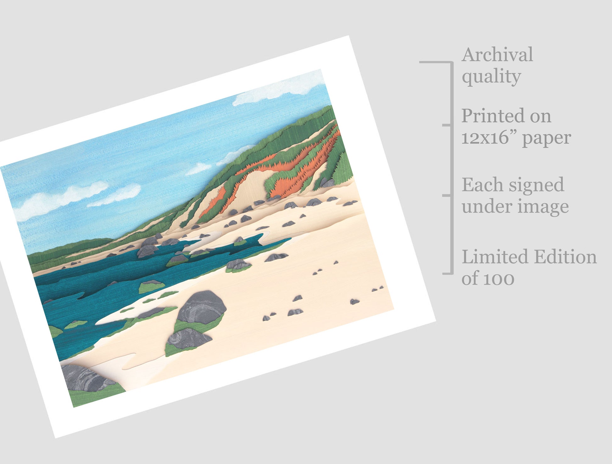 Archival print of cut paper illustration of Cedar Tree Neck Beach on Martha's Vineyard.