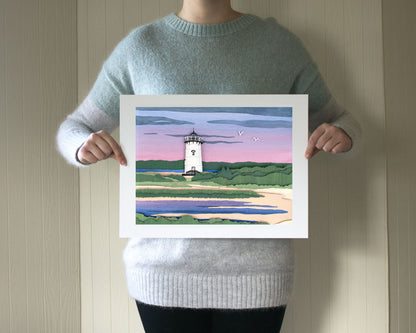 Archival print of cut paper illustration of the Edgartown Lighthouse at sunset on Martha's Vineyard.