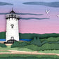 Archival print of cut paper illustration of the Edgartown Lighthouse at sunset on Martha's Vineyard.