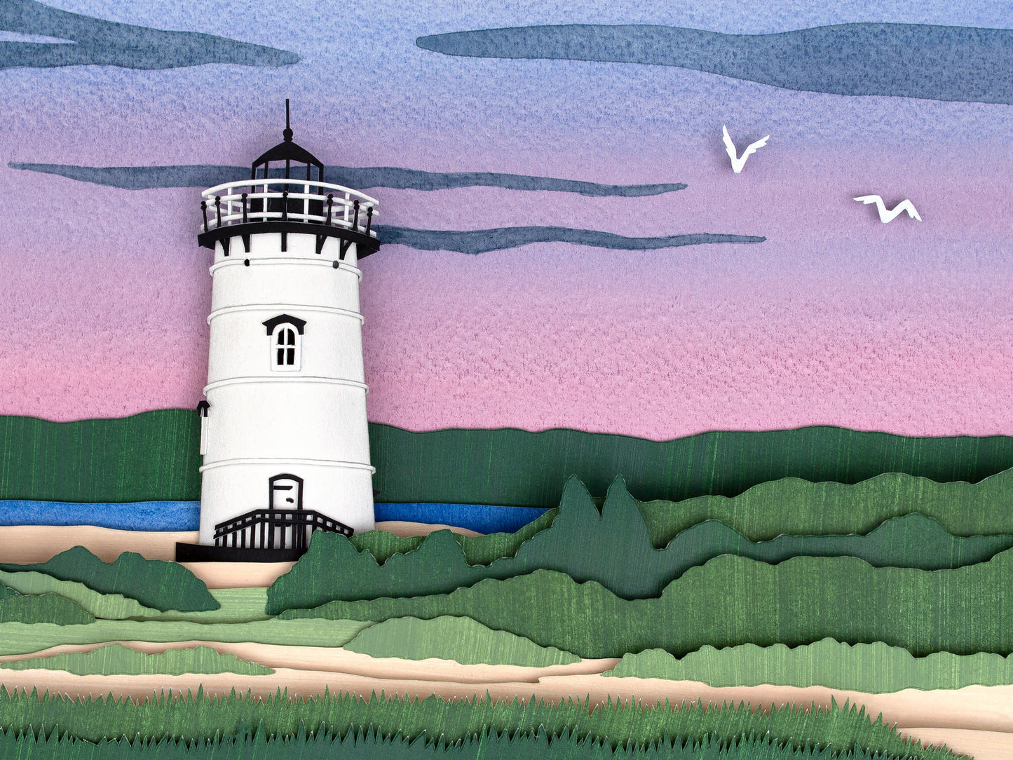 Archival print of cut paper illustration of the Edgartown Lighthouse at sunset on Martha's Vineyard.