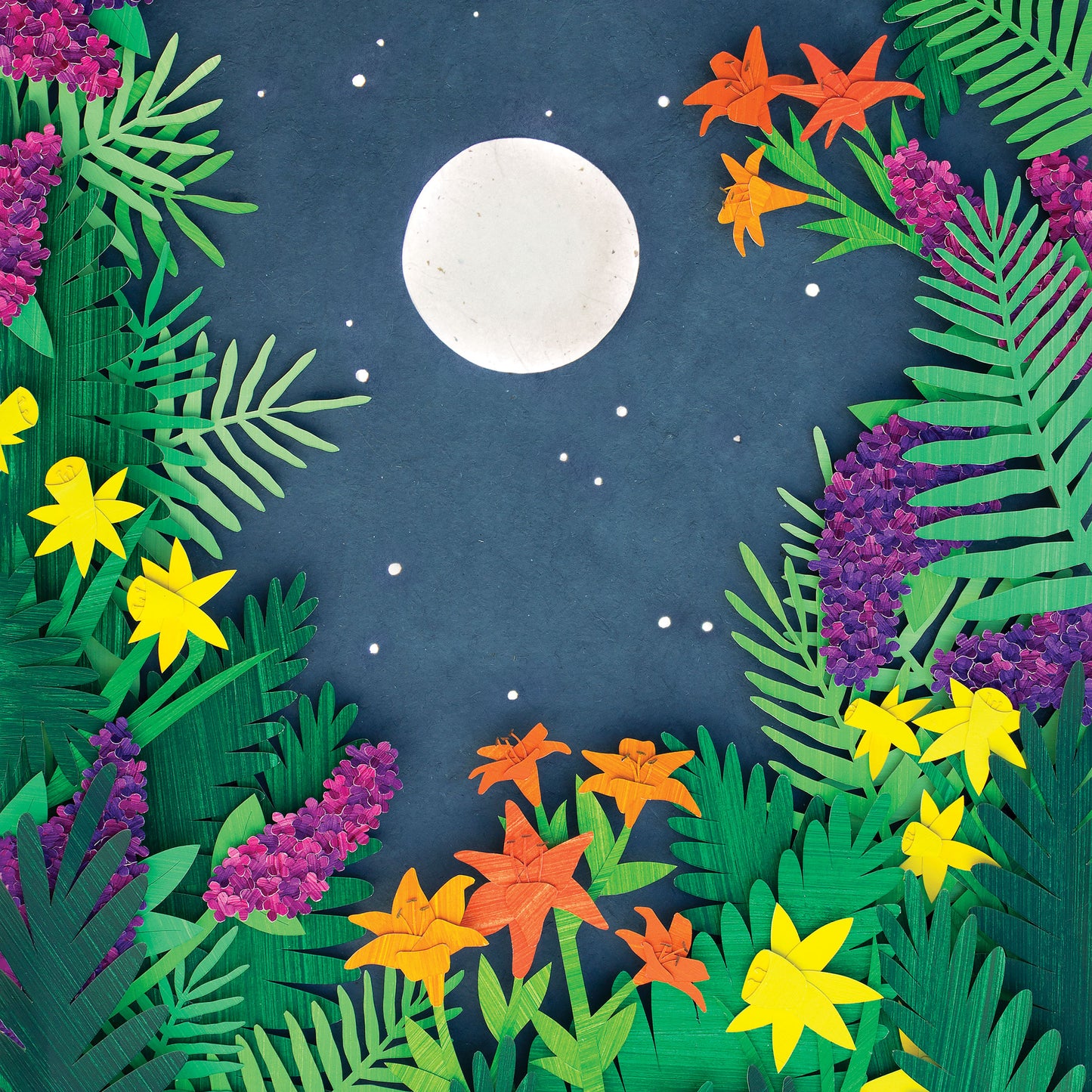 Archival print of cut paper illustration of night scene with full moon and stars rising framed by flowers and ferns with image dimensions.
