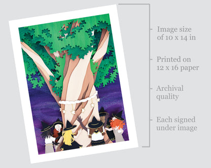 Archival print of cut paper illustration of cute whimsical scene of witches gathered around a tree at night.