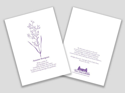 Greeting card with purple cut paper illustration of Autumn Bentgrass, and a short original poem. 