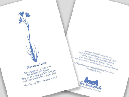 Greeting card with blue cut paper illustration of Blue-eyed Grass, and a short original poem.
