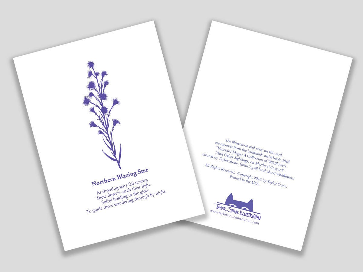 Greeting card with purple cut paper illustration of Northern Blazing Star, and a short original poem.