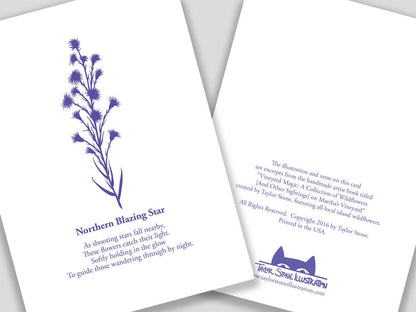 Greeting card with purple cut paper illustration of Northern Blazing Star, and a short original poem.