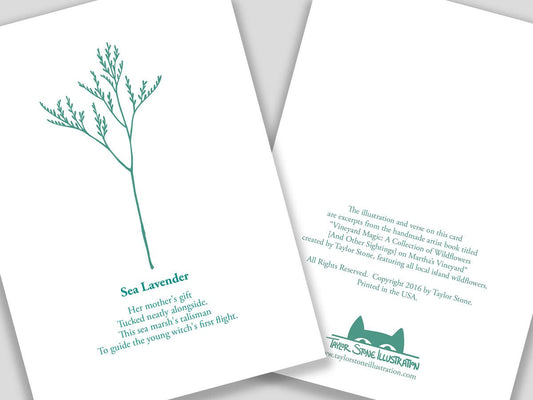 Greeting card with teal cut paper illustration of Sea Lavender, and a short original poem.