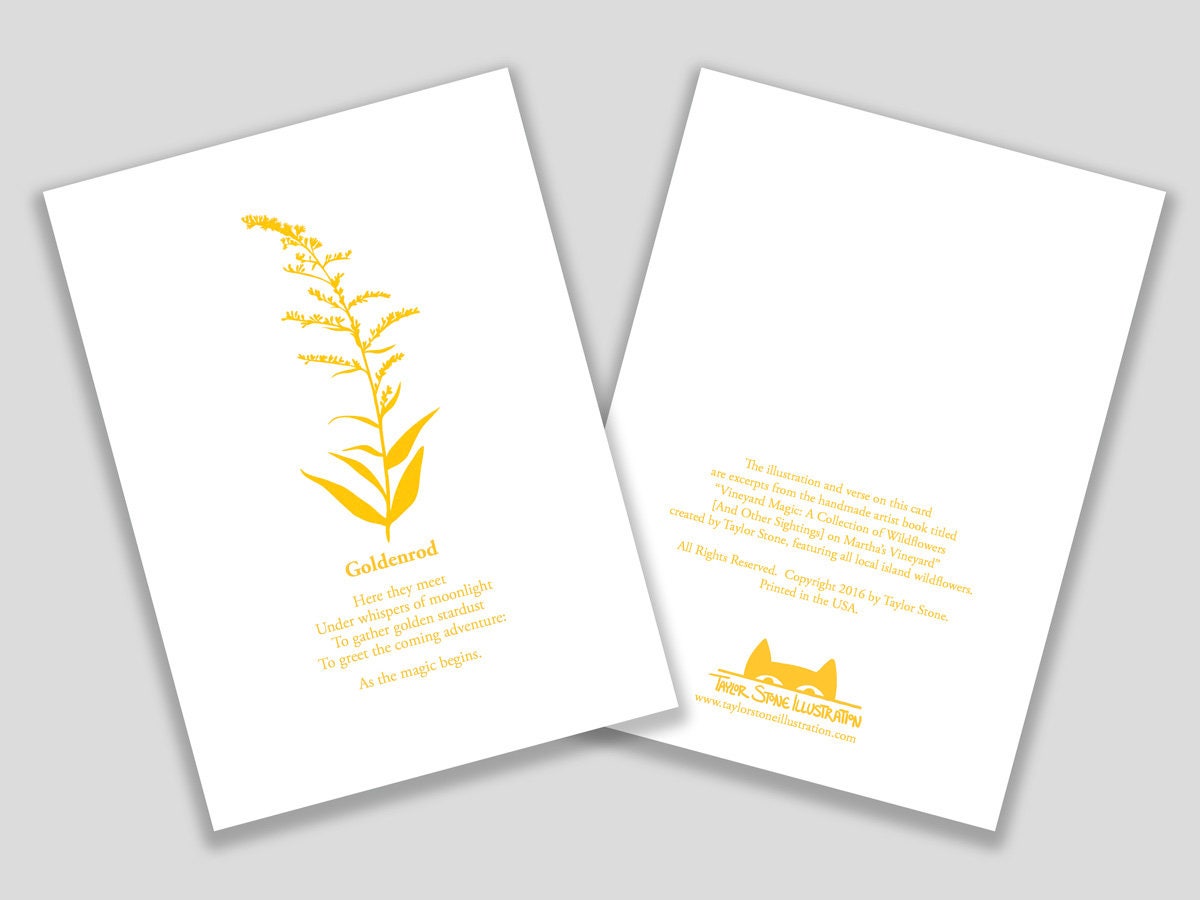 Greeting card with yellow cut paper illustration of Goldenrod, and a short original poem.