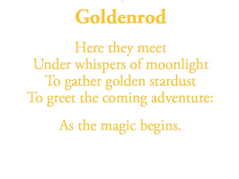 The poem on this card reads: Here they meet Under whispers of moonlight To gather golden stardust To greet the coming adventure: As the magic begins.