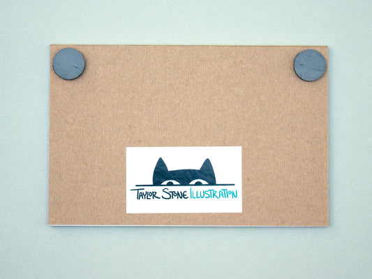 Back of notepad with magnet and Taylor Stone Illustration cat logo. 