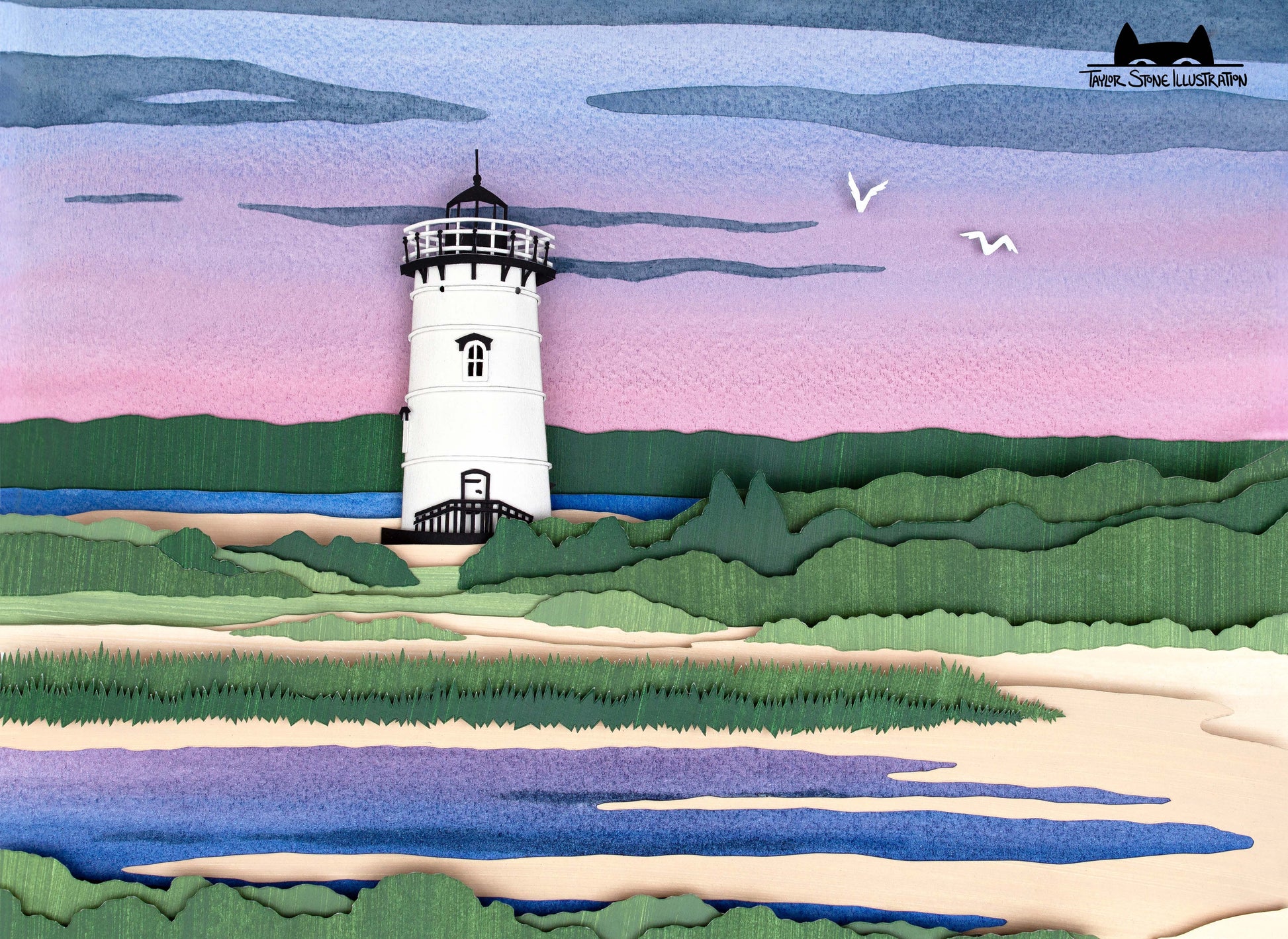 Cute jigsaw puzzle of cut paper illustration of the Edgartown Light House on Martha's Vineyard at sunset.
