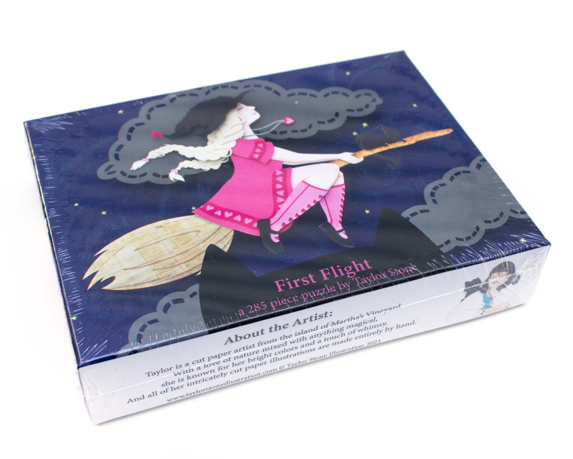 Cute jigsaw puzzle of cut paper illustration of witch flying on a broom at night with a black cat.