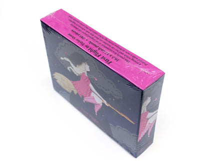 Cute jigsaw puzzle of cut paper illustration of witch flying on a broom at night with a black cat.