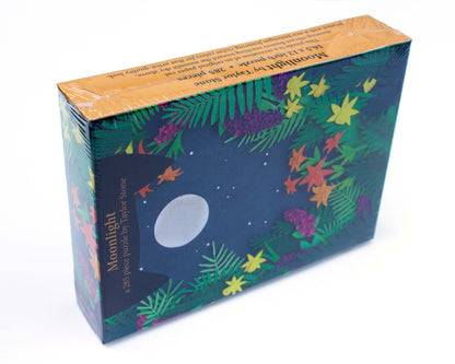 Cute jigsaw puzzle of cut paper illustration of a full moon and stars at night surrounded by flowers and greenery.